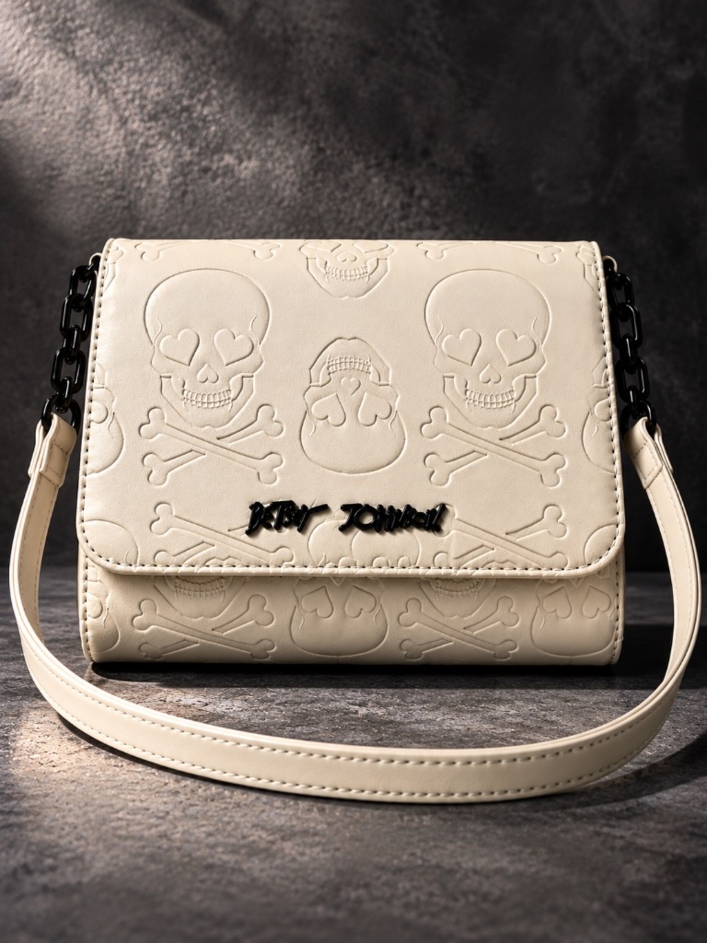 Betsey Johnson Skull Crossbody Bag Convertible Clutch Off White Embossed NWT
